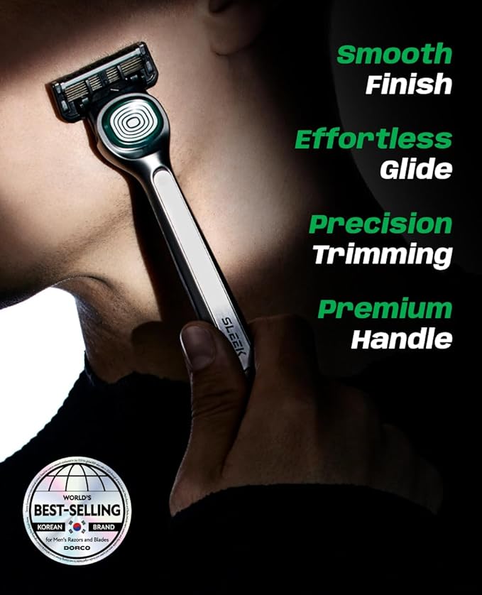 DORCO SLEEK 6 Blade Razor for Men with 6 Cartridges | Men's Cartridge Razors with Razor Handle and Smooth Shaving Blades | Men’s Razors with Multi-Flex Technology