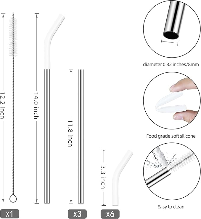 Set of 3 Stainless Steel Straws for 40 Oz Tumbler,For Stanley 40 Oz Tumbler, Reusable Metal Straw with 6 Silicone Tips and 1 Straw Cleaning Brush (White, 40 oz)