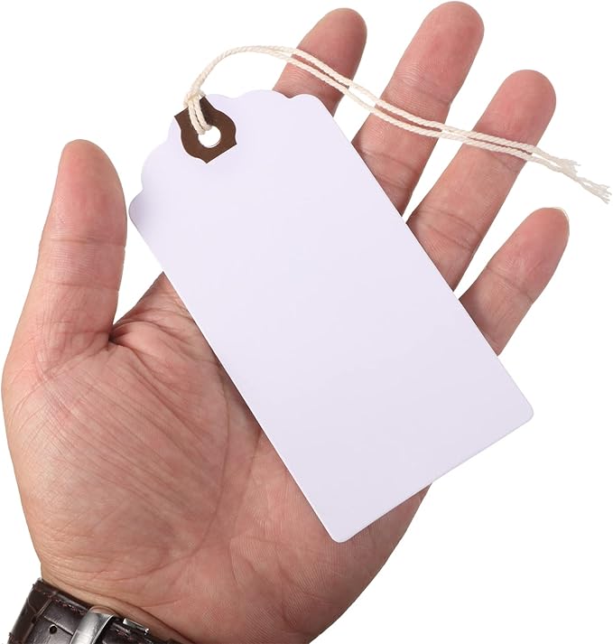 Outus 60 Pcs 4 3/4-in x 2 3/8-in Blank Large Paper Gift Tags with String and Reinforced Eyelet Wire Writable Price Tags Shipping Labels Inventory Labels(White)