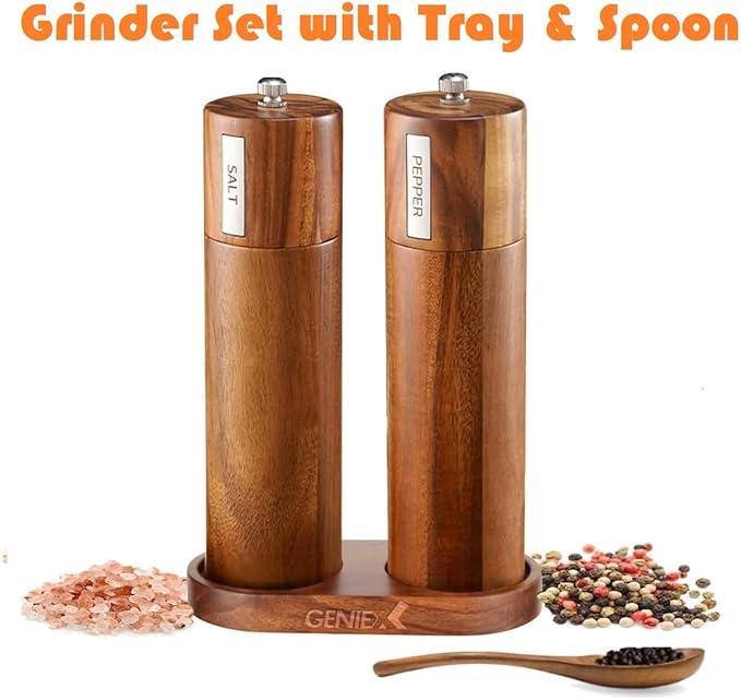 KING Acacia Salt Pepper Wood Grinders, Wooden Salt and Pepper Grinder Set, Refillable and Adjustable, 8" Tall Manual Salt Pepper Grinder Mill 2pcs, Cool House Warming Gift and Home Gifts