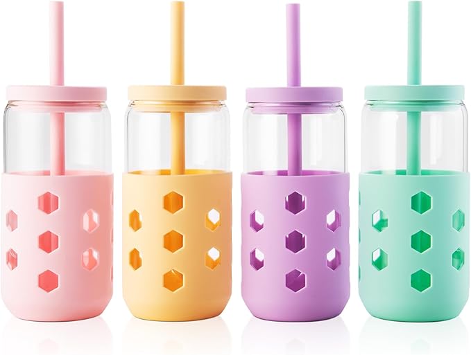 Glass Cups with Lids and Straws (4 Pcs), 16oz Drinking Glasses Set with Silicone Sleeves for Coffee Bar Accessories Iced Coffee Cups with Lids, Glass Tumbler Reusable for Gifts