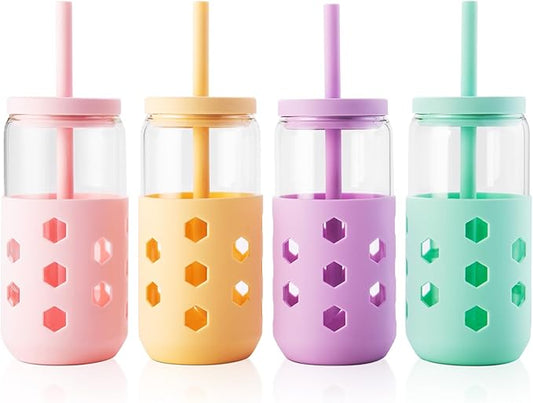 Glass Cups with Lids and Straws (4 Pcs), 16oz Drinking Glasses Set with Silicone Sleeves for Coffee Bar Accessories Iced Coffee Cups with Lids, Glass Tumbler Reusable for Gifts