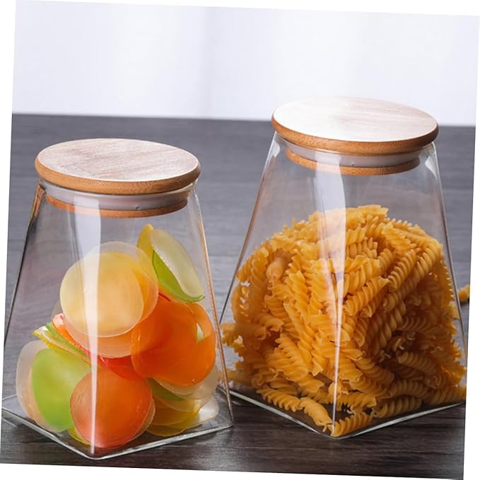2 Pcs Transparent Glass Storage Jars with Wooden Lids Airtight Tea Canisters Kitchen Containers for Cereals Snacks Pantry Organization and Fresh Food Storage