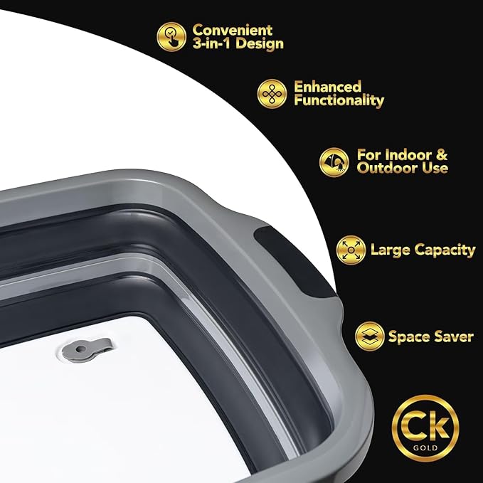 New XL Collapsible BBQ Prep Tub wtih LOCKING Lid, Cutting Board & Drain Hole | BPA-Free, Food-Grade, Recyclable, Space-Saving Caddy for Grilling, Camping, Kitchen & Outdoor Cooking (Black, 30 Liters)