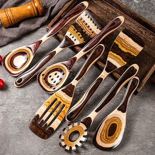 Gudamaye 7-Piece Brown Pakkawood Utensils Set – Sturdy, Eco-Friendly, Wooden Spoons for cooking, Wooden Utensil for cooking, Wooden Kitchen Tool, Home & Kitchen Gifts for Men and Women - Image 7
