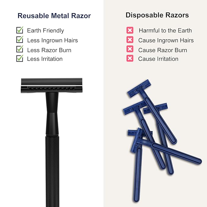 Safety Razor, Single Blade Razors for Men, Reusable Metal Razor, with 10 Double Edge Blades, Smooth Close Gentle Shave, Plastic Free, Matte Black
