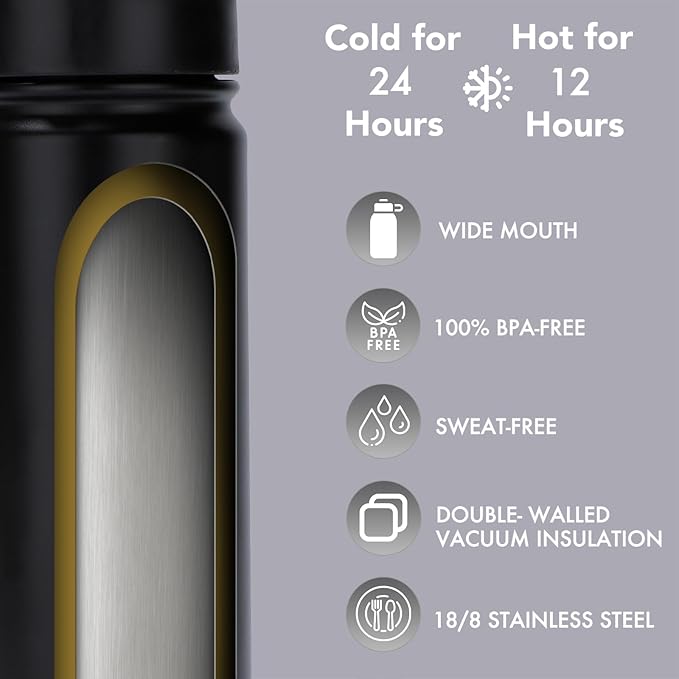 mininoo Insulated Stainless Steel Water Bottle with Straw and Lid for Sports, 24 oz, Midnight Black