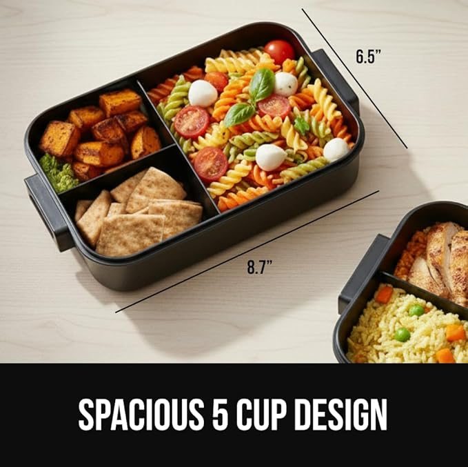 GORILLA GRIP BPA-Free Leakproof 3-Compartment Bento Lunch Box for Adults, Kids, Microwave Safe Hot and Cold Food Containers, Easy to Carry Lid Includes Built-In Utensils Set, Holds 5 Cups, Black