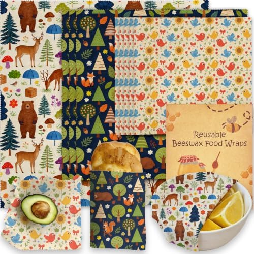 LENARKU Reusable Beeswax Wrap, Forest Animals Wraps, 9 Pack Eco-Friendly Food Storage, Organic Cotton, Sustainable, Zero Waste, Plastic-Free, Sandwich & Snack Covers, 1XL, 3M, 5S by Unknown