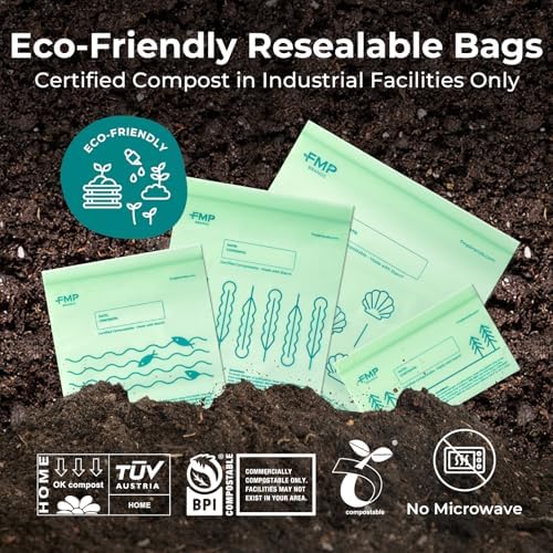 Fit Meal Prep 50 Pack 100% Compostable Food Storage Bags, 1 Gallon Freezer Bags, 10.6 x 11.5" Resealable Bag for Vegetables, Meat, Fruits, ASTM D6400, US BPI & EU OK Compost Certified - Image 5