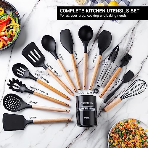 Country Kitchen Non Stick Silicone Utensil Set with Rounded Wood Handles for Cooking and Baking, 14 Piece Set, Black - Image 2