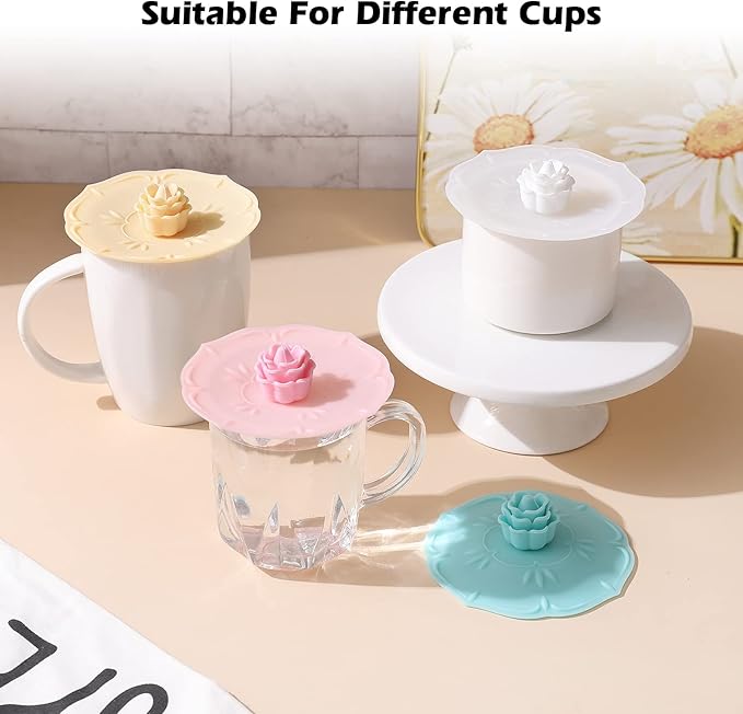 rose Silicone Cup Covers (Set of 4) ， Multicolored Silicone Lids for Mugs, Cups, Tea Pots,Flexible Mug Covers，Hot Cup Lids for Coffee & Tea