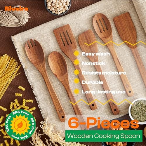 Riveira Teak Wooden Spoons for Cooking Set of 6 – Natural Teak Wooden Cooking Utensils, Wooden Spatula, Wooden Spoon - Premium Quality Utensil Set for Non-Toxic Cooking - Image 5