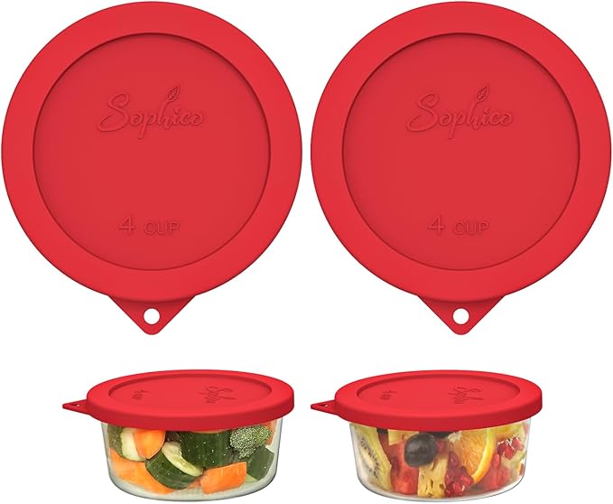 Sophico 4 Cup Round Silicone Storage Cover Lids Replacement for Anchor Hocking and Pyrex 7201-PC Glass Bowls (Container not Included) (Red-2 Pack)