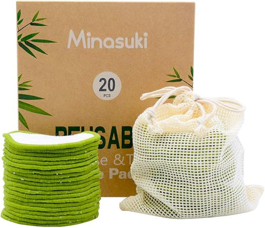 20 Pack Reusable Makeup Remover Pads - Bamboo Reusable Cotton Rounds for Toner, Washable Pads for All Skin Types with Cotton Bag
