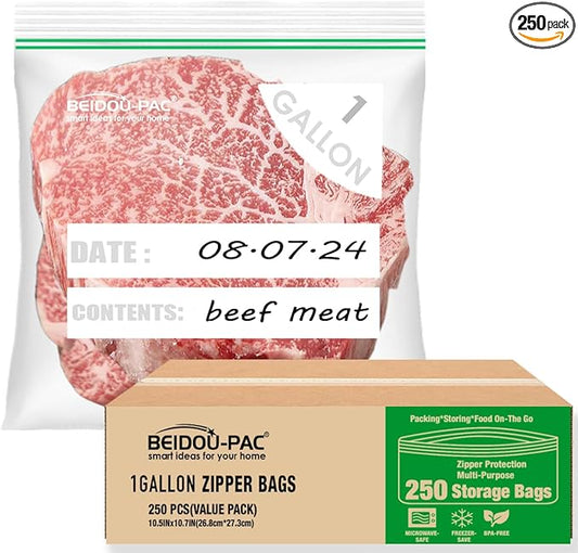 Gallon Food Storage Freezer Bags, 250 Count | Double Zipper | 10.5" * 10.7", Freshness Easy Open Reclosable Clear Plastic Bags