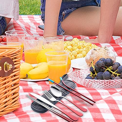 Travel Utensils Set with Case Reusable Portable Cutlery Set Stainless Steel 8pcs Including Dinner Knife Fork Spoon Chopsticks straws (Gradient Red) - Image 4