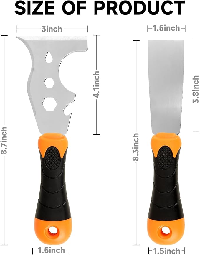 WEGAZ-2 Pack, 12-In-1 Paint Scraper Tool，Multi-Use Painters Tool, 1.5 Inch Stainless Steel Putty Knife Scraper，Paint Scraper for Painting & Wood，Razor Blade Scraper