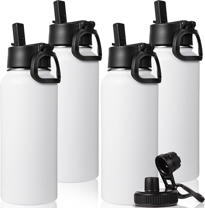 Neihepal 32 oz Insulated Water Bottles Bulk with 2 Lids (Straw & Spout Lid), Stainless Steel Double Wall Water Bottle, Keeps Cold 24H & Hot 12H (White,4 Pack)