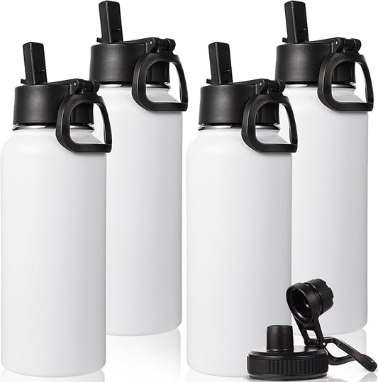 Neihepal 32 oz Insulated Water Bottles Bulk with 2 Lids (Straw & Spout Lid), Stainless Steel Double Wall Water Bottle, Keeps Cold 24H & Hot 12H (White,4 Pack)