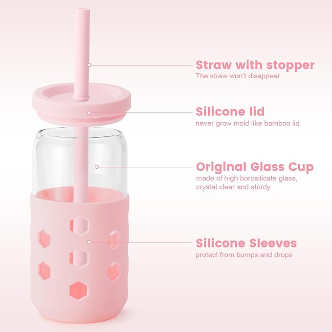 Glass Cups with Lids and Straws (4 Pcs), 16oz Drinking Glasses Set with Silicone Sleeves for Coffee Bar Accessories Iced Coffee Cups with Lids, Glass Tumbler Reusable for Gifts