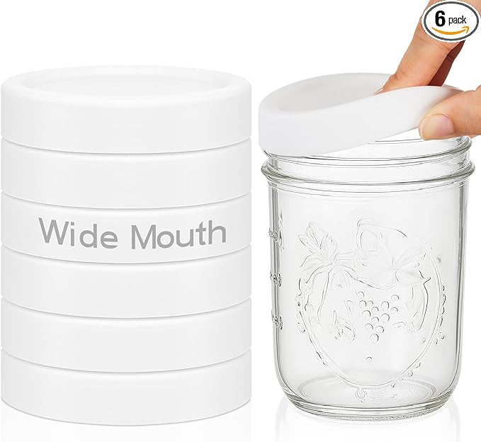 6 Pcs Silicone Wide Mouth Lids Mason Jar Lids Thickened Leak Proof Lid for 86 mm All Wide Mouth Mason Jars, Reusable Large Canning Jar Caps (White)