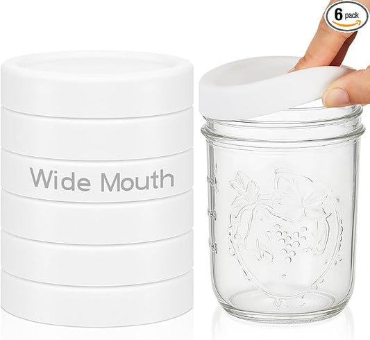 6 Pcs Silicone Wide Mouth Lids Mason Jar Lids Thickened Leak Proof Lid for 86 mm All Wide Mouth Mason Jars, Reusable Large Canning Jar Caps (White)