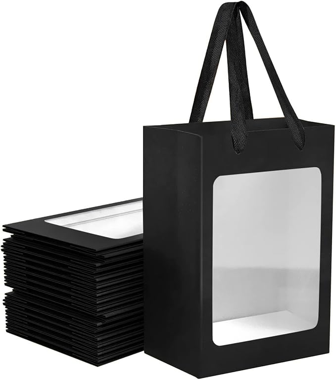BallHull 12 Pcs Black Kraft Paper Gift Bags with Transparent Window, 9.84"x7.0"x5.12" Kraft Shopping Bags with Handles for Bouquet Christmas Birthdays Festivals Party Weddings Wrapping