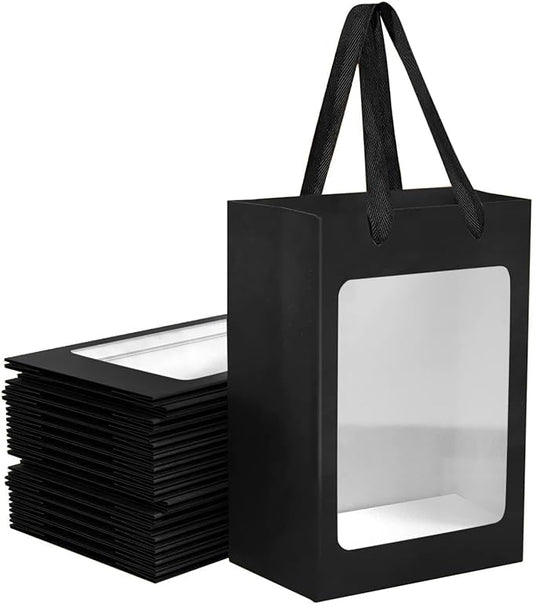 40 Pcs Black Paper Gift Bags with Transparent Window, 9.84"x7.0"x5.12" Kraft Shopping Bags with Handles for Bouquet Christmas Birthdays Festivals Party Weddings Wrapping