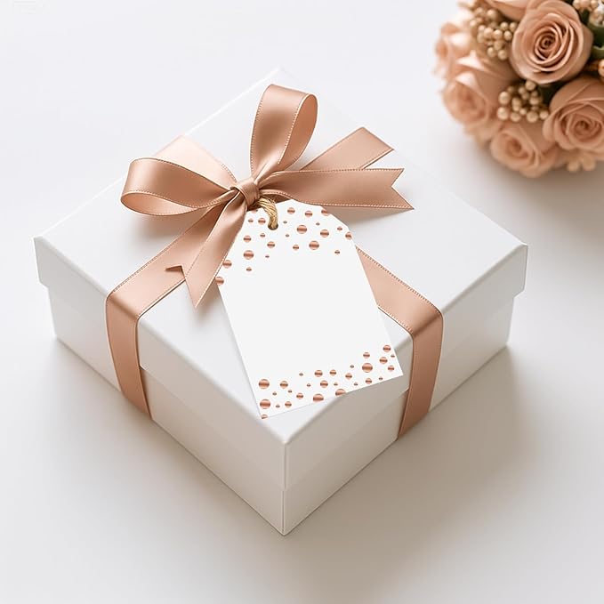 Anwyll Gift Tags with String - 100Pcs Rose Gold Foil Confetti Polka Dot Gift Bag Tags Personalized White Blank Hanging Paper Label Tag for Birthday Party Bridal Shower Wedding Christmas Favors Present