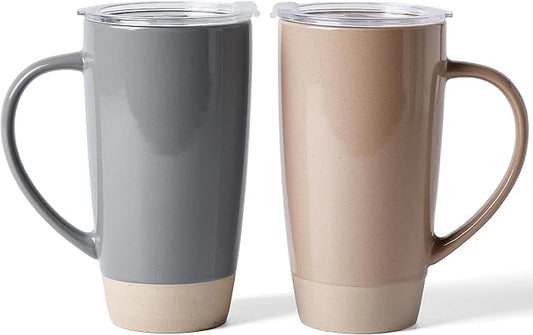 famiware Milkyway Coffee Mugs, 20oz Large Coffee Mug, Ceramic Mug Set of 2 with Lid, Cup Set with Handle for Latte, Tea, Cocoa, Milk, Home & Office, Cinnamon Brown and Dark Gray