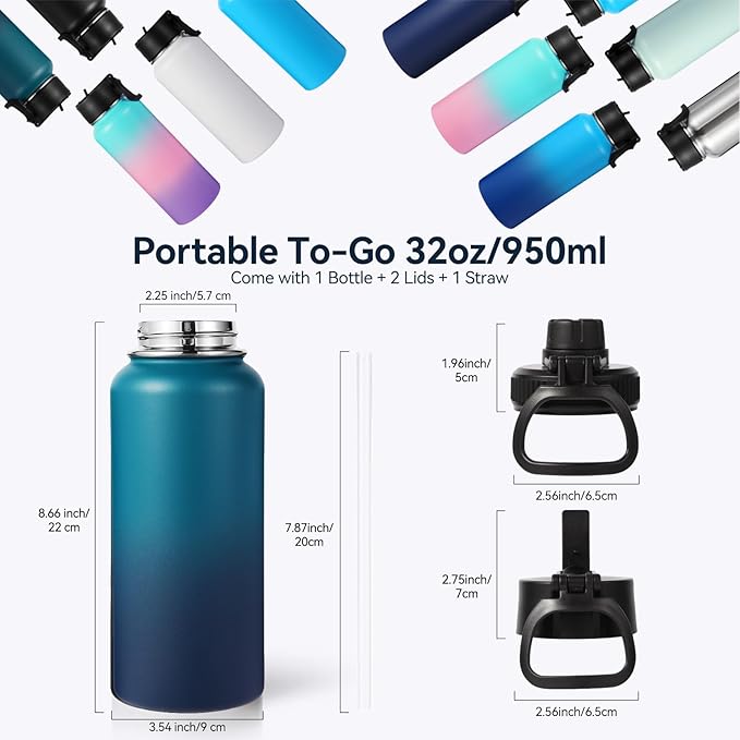 Neihepal 32 oz Insulated Water Bottles with 2 Lids (Straw & Spout Lid), 18/8 Stainless Steel Double Wall Water Bottle for Gym, Travel, Camping, Sports (Assorted,2 Pack)
