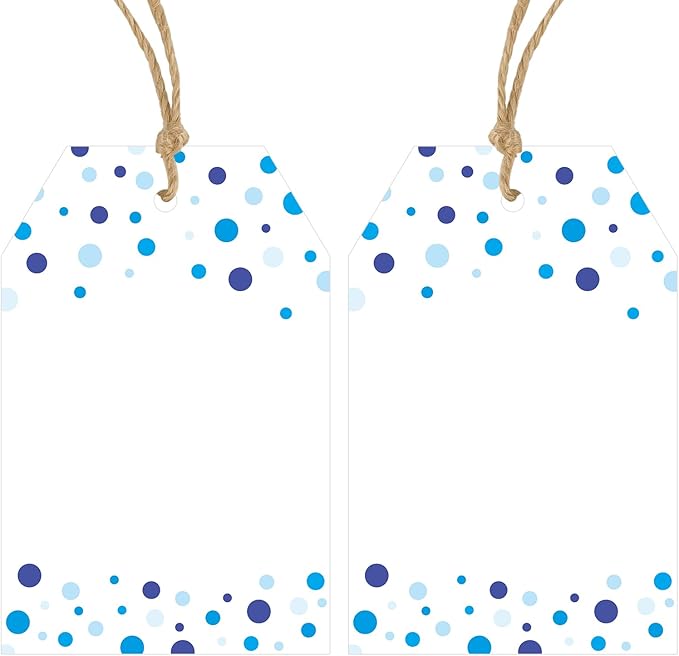 Anwyll Gift Tags with String - 100Pcs Blue Confetti Polka Dot Gift Bag Tags Personalized White Blank Hanging Paper Label Tag for Birthday Party Wedding Bridal Shower Fathers Day Favor Present Wrapping
