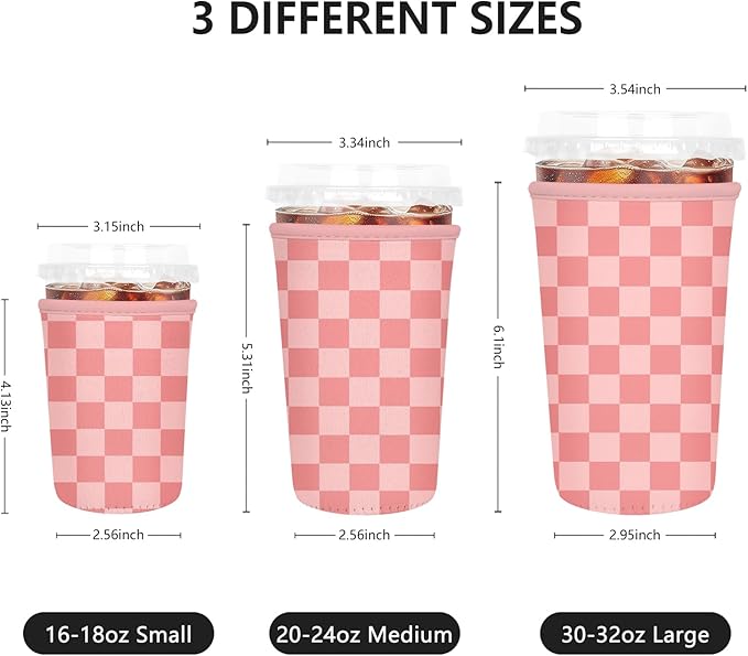 3 Pack Iced Coffee Sleeve, Reusable Insulated Neoprene Cup Sleeve for Cold & Hot Drinks Beverages, Cup Holder for 16-32oz Coffee Cups, Pink Plaid