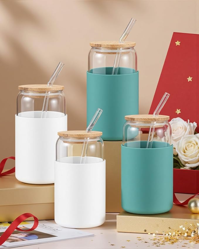 sungwoo Glass Cups with Lids and Straws, 4 Pack 16OZ Iced Coffee Cups with Silicone Sleeve, Glass Tumbler with Straw and Bamboo Lid, Home Essential Drinking Set for Juice, Cocktail and Tea White&Green