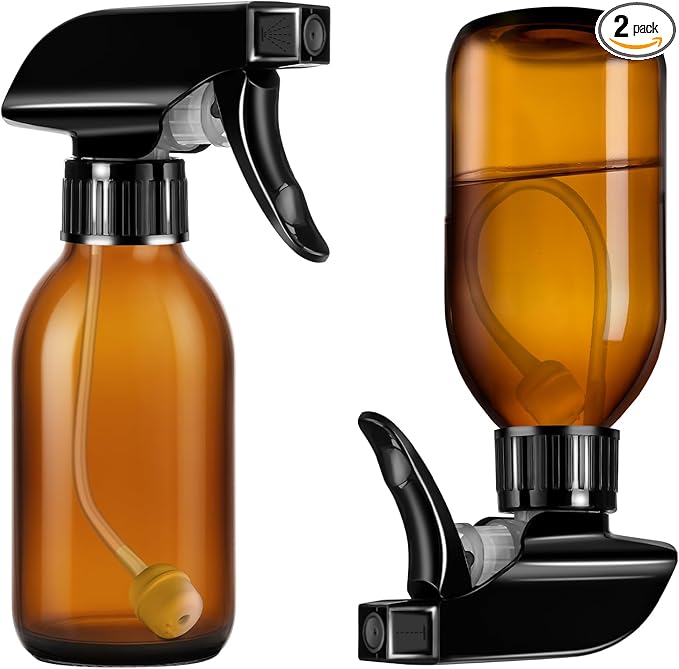 Tecohouse 360° 4 OZ Amber Glass Spray Bottles, 2 Pack Empty Refillable Containers with Adjustable Spray Nozzles, Spray Bottles for Cleaning Solutions, Plants, Hairs