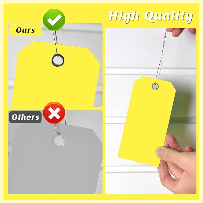 200 PCS 4 3/4" x 2 3/8" Neon Color Shipping Tags with Wire Paper Heavy Duty Hang Tags with Reinforcement Holes Writable Luggage Tag with String Durable Marking Tags (Neon Yellow, 4 3/4" x 2 3/8")