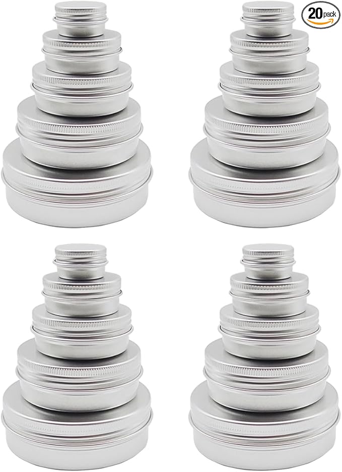20pack 60ml Aluminum Tin Jars, 100ml Empty Travel Cosmetic Sample Container, 2oz Metal Tins 5 gram Cans 30ml Storage Travel Jars for DIY Lip Balms, Face Cream, Candle, Tea, Paint (mixed size)