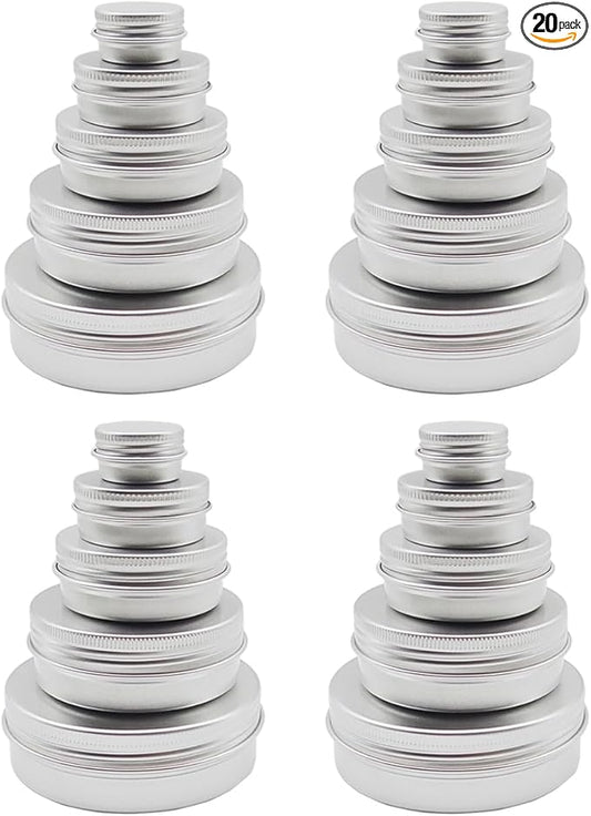 20pack 60ml Aluminum Tin Jars, 100ml Empty Travel Cosmetic Sample Container, 2oz Metal Tins 5 gram Cans 30ml Storage Travel Jars for DIY Lip Balms, Face Cream, Candle, Tea, Paint (mixed size)