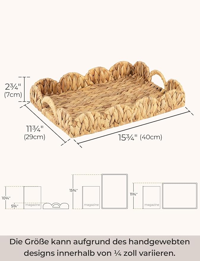 StorageWorks Rectangle Wicker Scalloped Tray, Rattan Serving Trays with Handles, Water Hyacinth Basket for Decorative & Organizing, 15.75" L x 11.5" W x 2.75" H