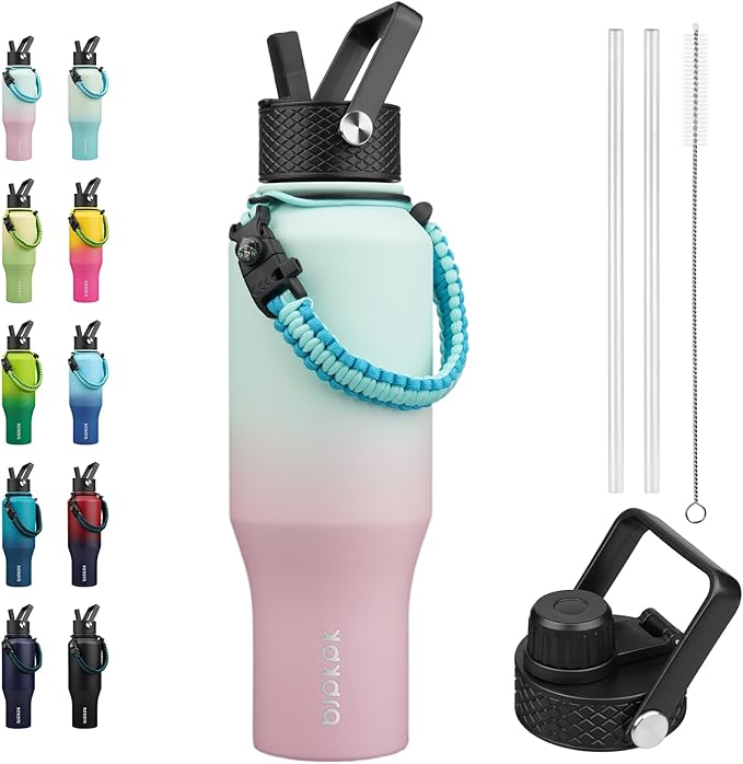 BJPKPK Insulated Water Bottles with Straw Lid, 35oz Metal Water Bottle with 2 lids & Paracord Strap, Double Wall Stainless Steel Vacuum Tumblers, Cups, Mugs, Thermo for Hot& Cold Drinks, Marshmallow
