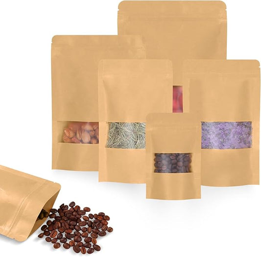 100pcs Kraft Bags with Window 4.7x7.8 Inches Brown Reusable Sealable Zip Lock Food Storage Stand up Paper Pouches for Home or Business