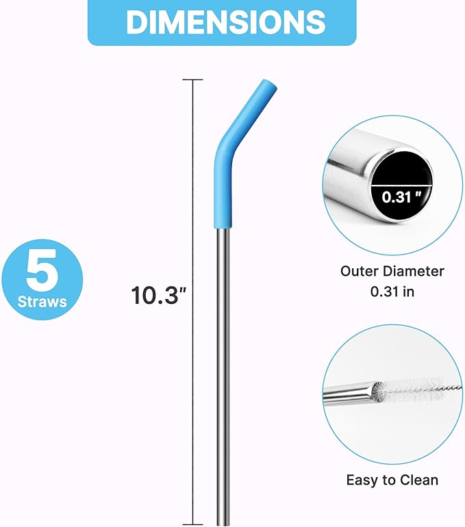 Stainless Steel Straws for 20 oz YETI Tumbler，8.5 "Metal Straight Drinking Straws Reusable with Silicone Tips for 20 oz Tumbler Cup,Cleaning Brush