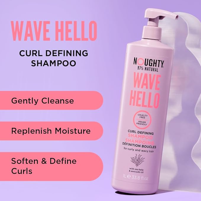 Noughty Wave Hello Curl Defining Large Shampoo (33.8fl.oz), Vitamin Rich Formula for Curly and Wavy Hair, 97% Natural Bulk Shampoo 33.8 oz, Sulfate Free, Vegan