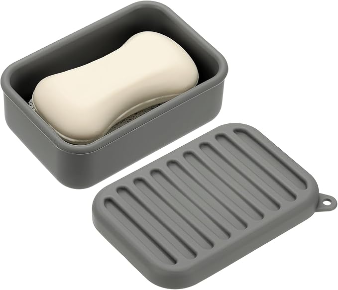 uxcell Shampoo Bar Travel Case, Silicone Leak Proof Soap Bar Case with Draining Layer Soap Container for Traveling, Bathroom, Gym, Camping(4"x2.76"x1.3", Gray)