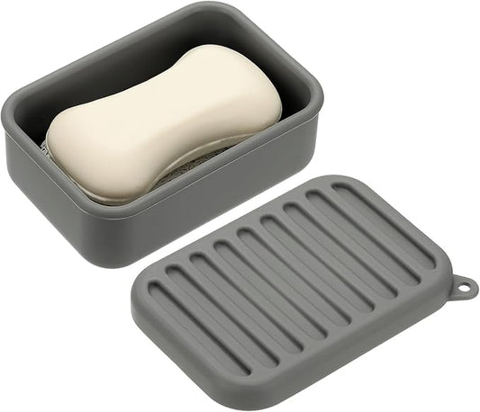 uxcell Shampoo Bar Travel Case, Silicone Leak Proof Soap Bar Case with Draining Layer Soap Container for Traveling, Bathroom, Gym, Camping(4"x2.76"x1.3", Gray)