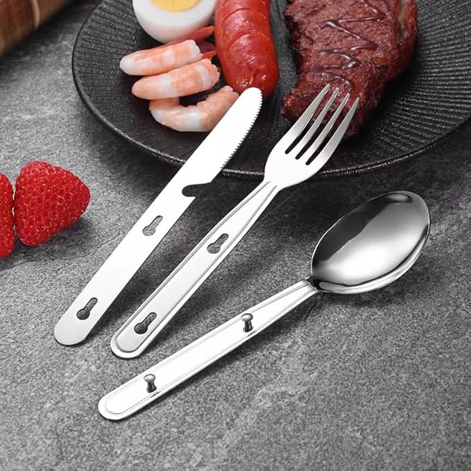 Stainless Steel Travel Utensil Set, 3-Piece Portable Flatware with Spoon, Fork, Knife, Lightweight Camping Cutlery, Interlocking Design, 6 inches, Canvas Carrying Case Included