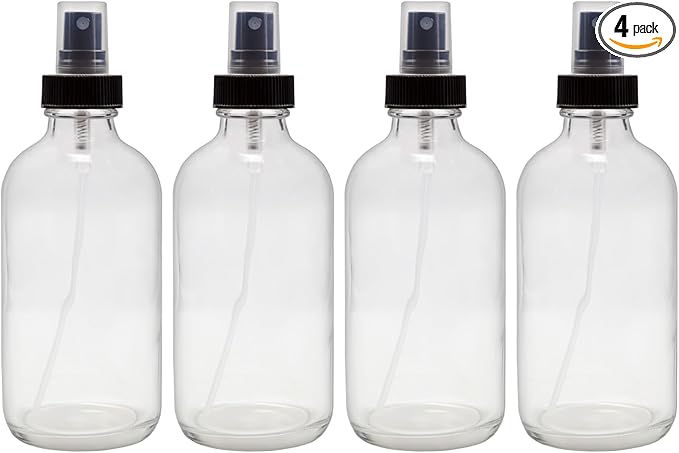 Cornucopia Brands 8-Ounce Clear Glass Fine Mist Spray Bottles (Pack of 4) Boston Round w/Atomizer Spritzers for Aromatherapy Perfume, Cologne, DIY & More