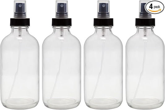 Cornucopia Brands 8-Ounce Clear Glass Fine Mist Spray Bottles (Pack of 4) Boston Round w/Atomizer Spritzers for Aromatherapy Perfume, Cologne, DIY & More