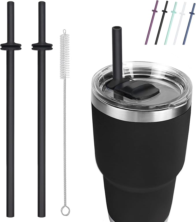 Silicone Straw for Yeti Rambler, 2PCS Reusable Straws & 1 Cleaning Brush for Yeti 30/20 oz Tumbler with Magslider Lid, Adjustable Drinking Straws Accessories Patent Pending (Black)
